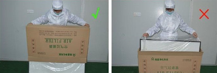 把高效過濾器慢慢倒出來，把紙箱放一邊查看高效過濾器是否損壞